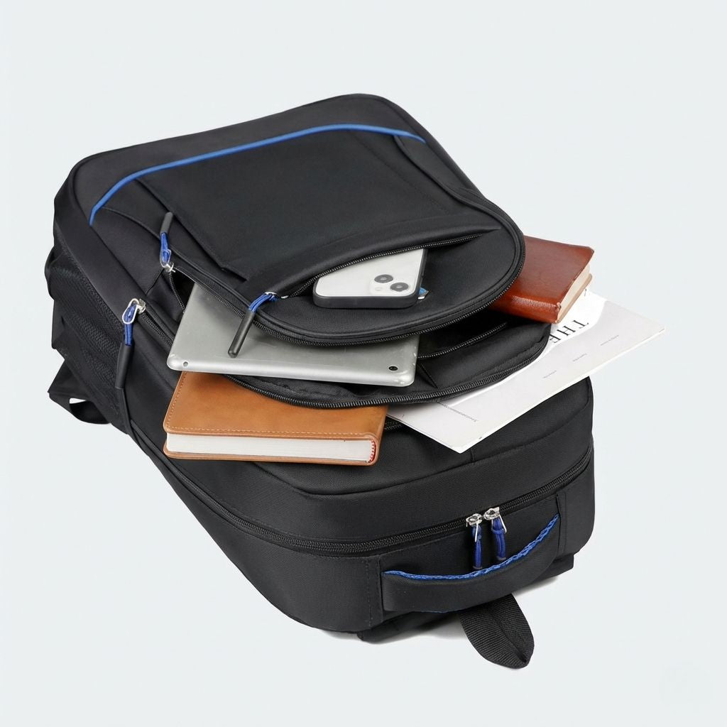 Vue plongeante du sac à dos cabine noir ouvert révélant tablette, carnets, smartphone et livre débordant Image