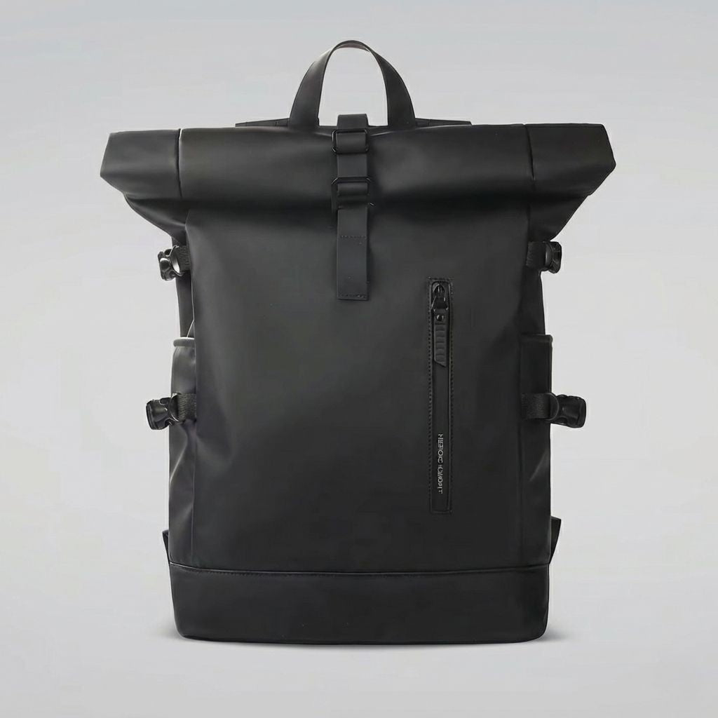 Sac à dos de voyage noir roll-top avec poche frontale zippée et clips de compression latéraux