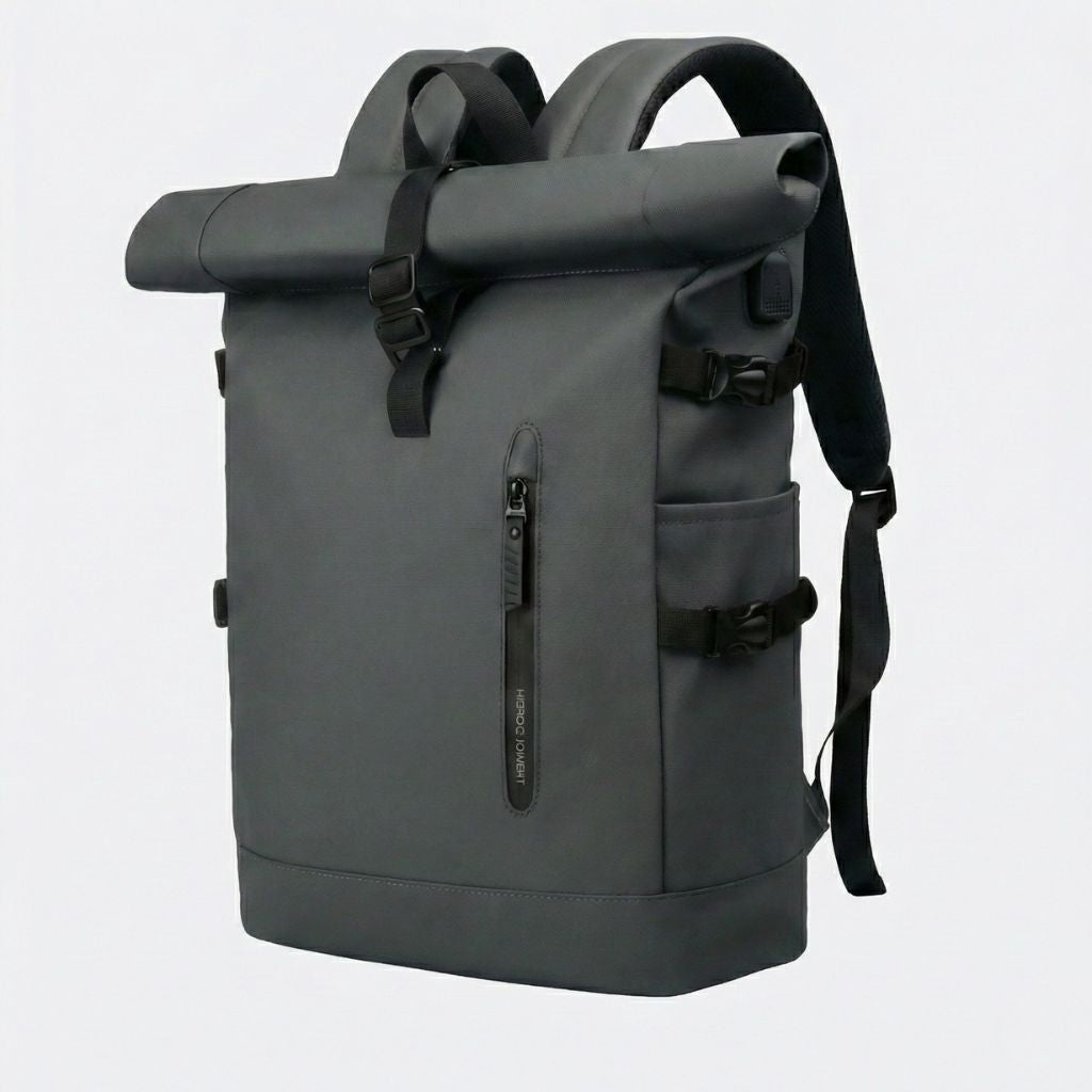 Sac à dos gris anthracite roll-top cabine de voyage avec poche frontale zippée et bretelles ergos