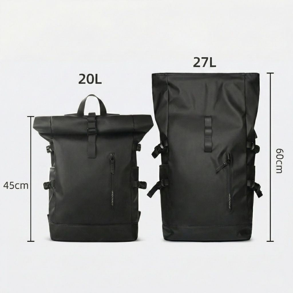 Comparaison des deux tailles du sac à dos cabine imperméable roll-top noir, 20 litres et 27 litres avec dimensions Image