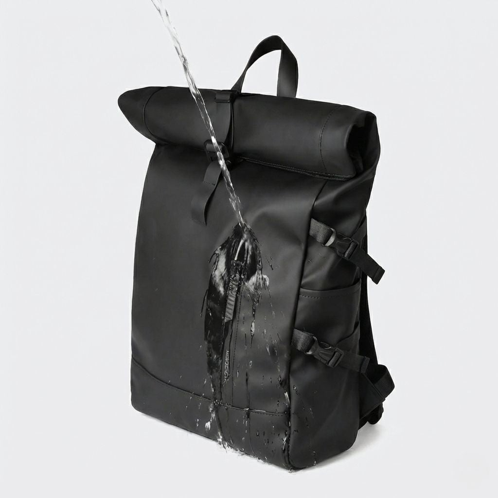 Test d'imperméabilité du sac à dos noir roll-top, gouttes d'eau qui perlent sur le tissu traité