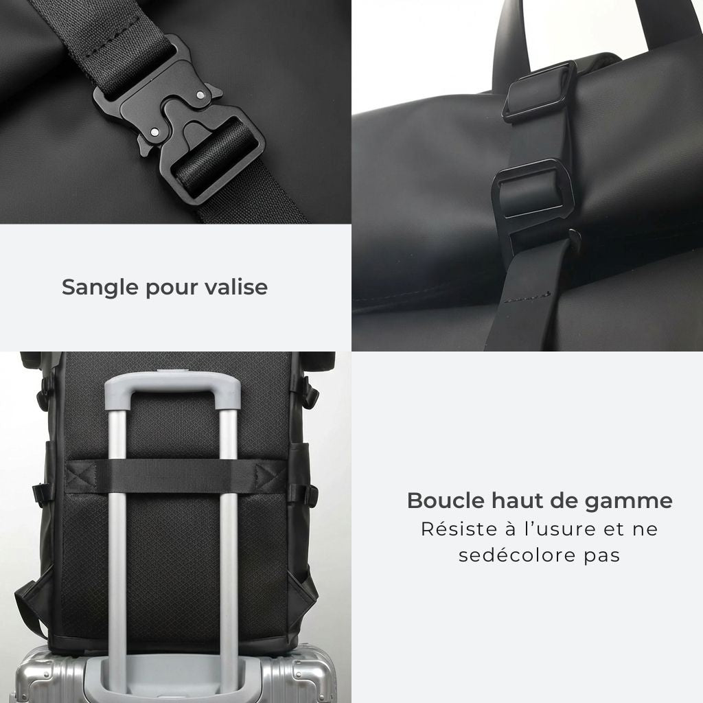 Composition de vues détaillant la sangle pour valise et la boucle haut de gamme d'un sac à dos cabine noir Image
