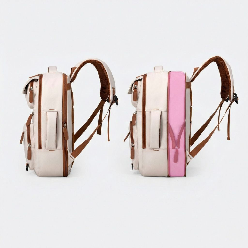 Comparaison de profil d'un sac à dos cabine femme beige en version normale et version rose étendue Image