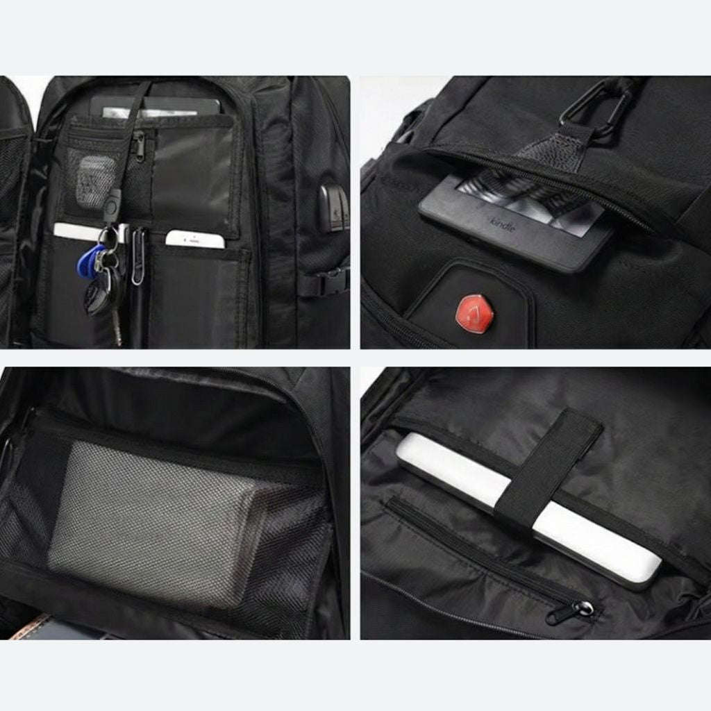 Planche de détails intérieurs du sac cabine : organiseurs, poche liseuse avec port USB, rangement pour ordinateur