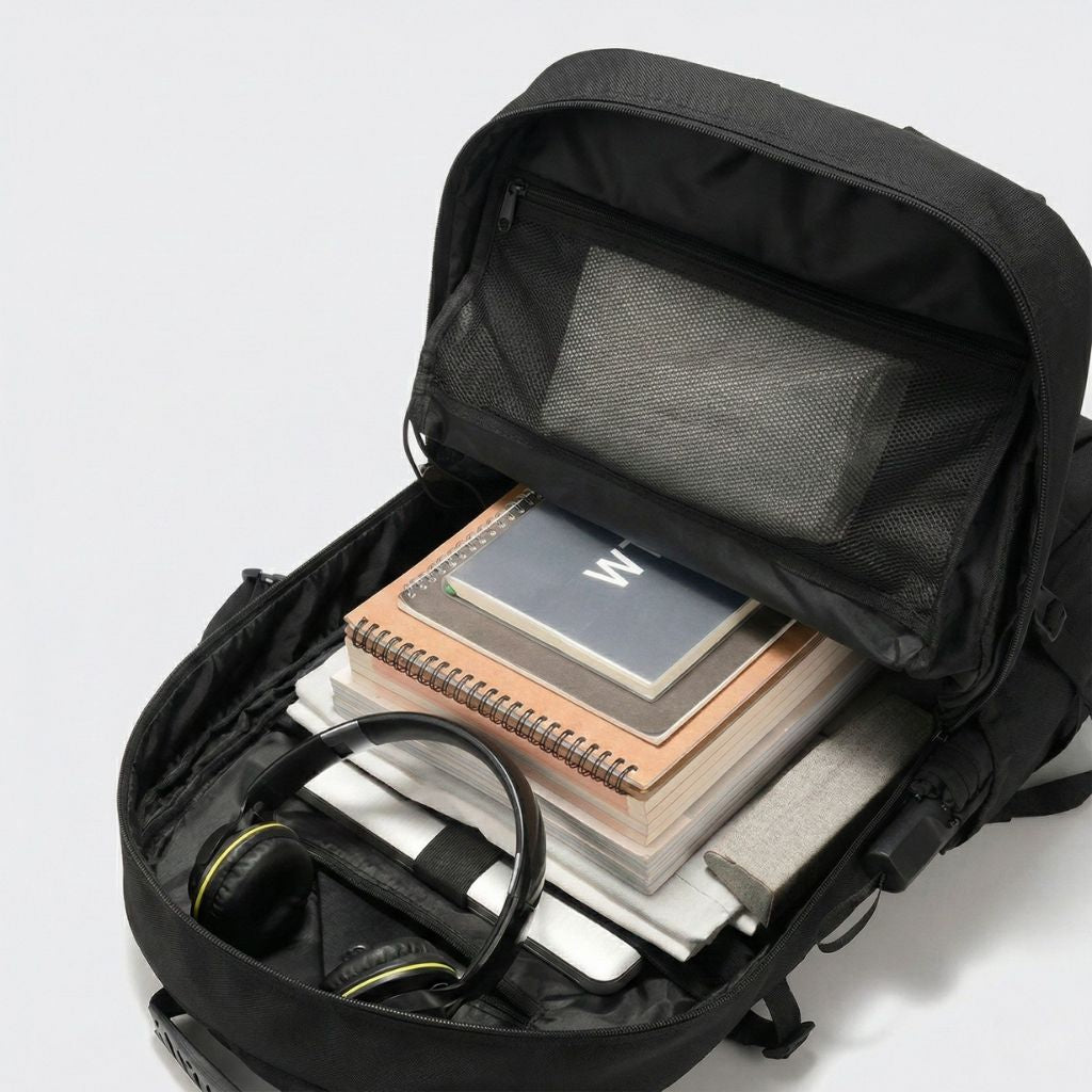 Vue plongeante dans le compartiment principal d'un sac à dos cabine noir avec cahiers, casque et ordinateur Image
