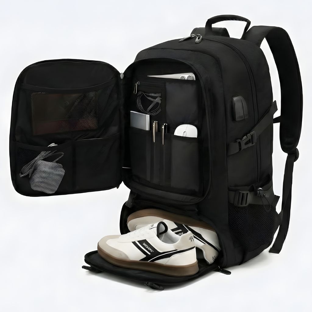 Sac à dos cabine noir ouvert avec poche organisée, compartiment à chaussures en bas et poche filet latérale