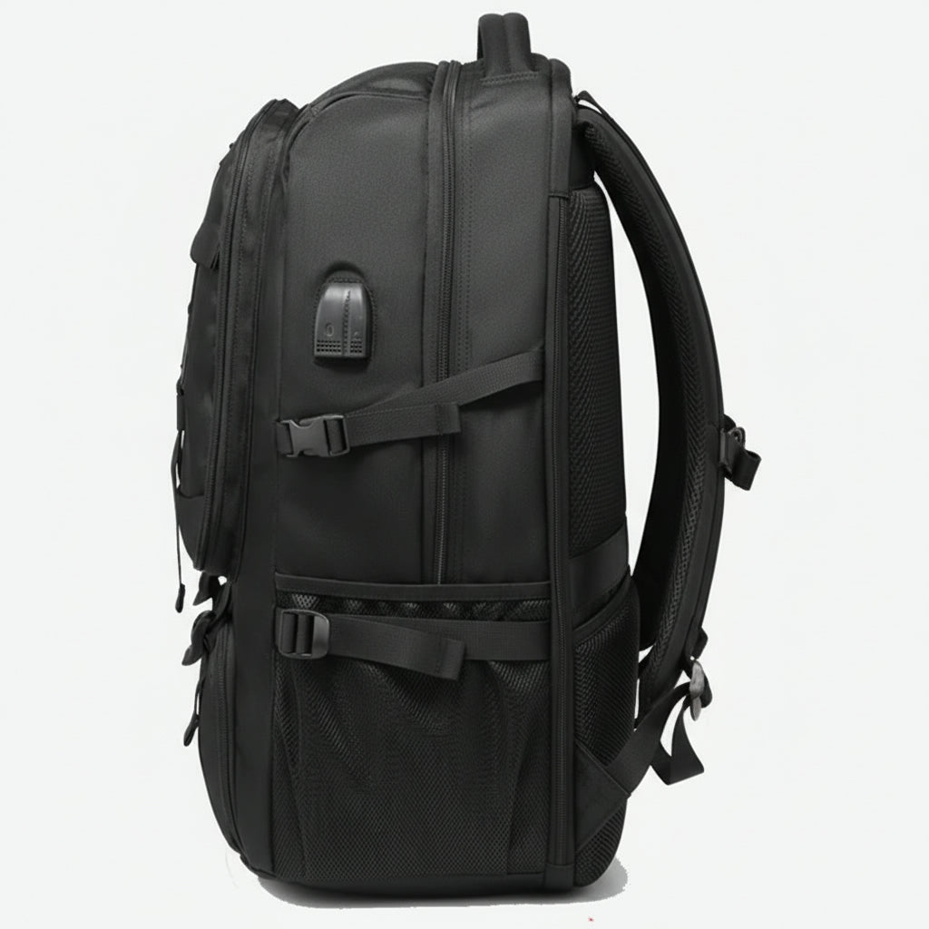 Vue latérale du sac à dos cabine noir, profil épais avec port USB externe et poche filet latérale