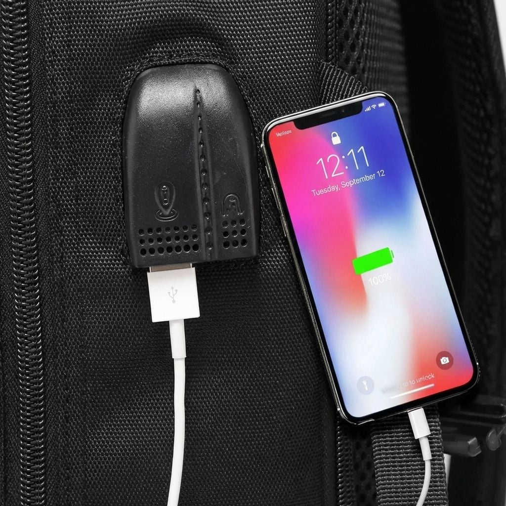 Gros plan sur le port USB externe du sac avec un câble rechargeant un smartphone à 100 pour cent
