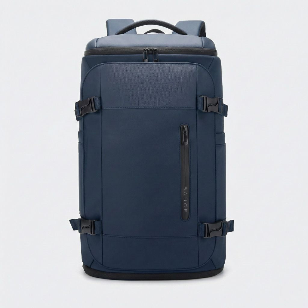 Vue de face du sac à dos cabine bleu marine, poche zippée verticale et clips de compression latéraux