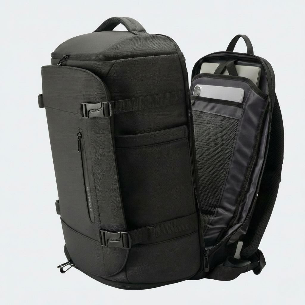 Sac à dos cabine noir ouvert côté droit, compartiment pour ordinateur avec laptop gris rangé à l'intérieur