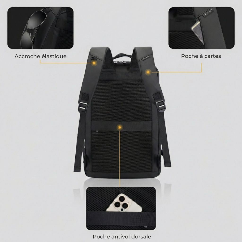 Vue arrière annotée du sac noir présentant l'accroche élastique, la poche à cartes et la poche antivol