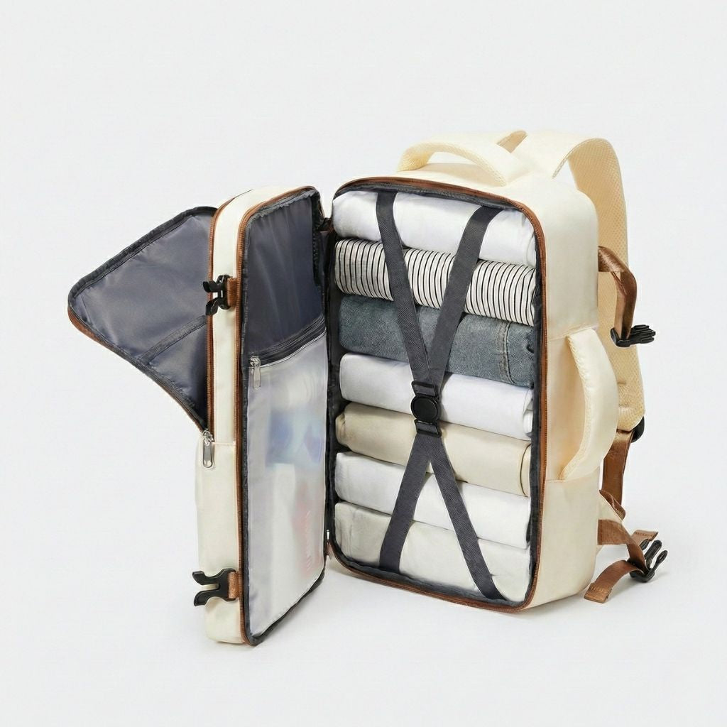 Sac à dos cabine beige ouvert à plat montrant le compartiment principal avec vêtements pliés et filet Image