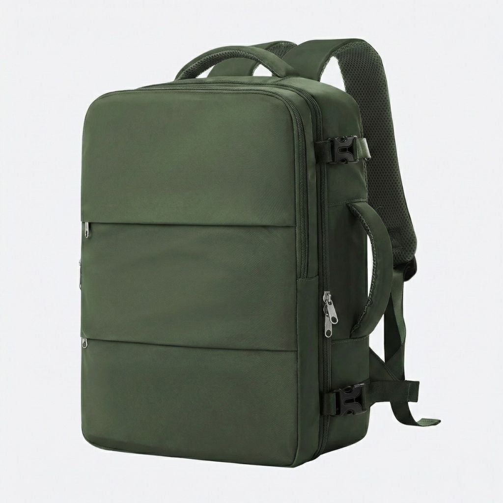 Sac à dos cabine vert kaki vu de trois quarts avec poches horizontales zippées et sangles réglables