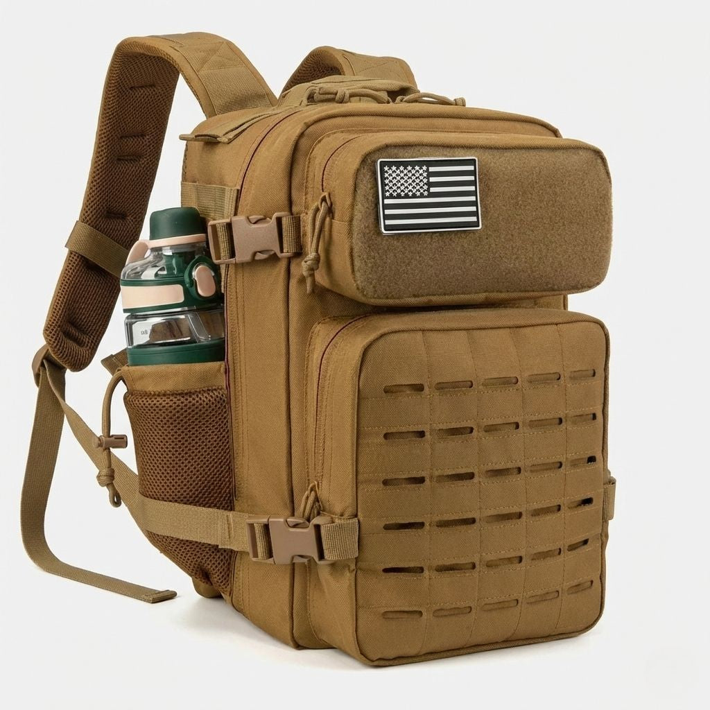Sac à dos tactique marron coyote 25L de trois quarts avec grille MOLLE laser-cut, patch velcro et bouteille