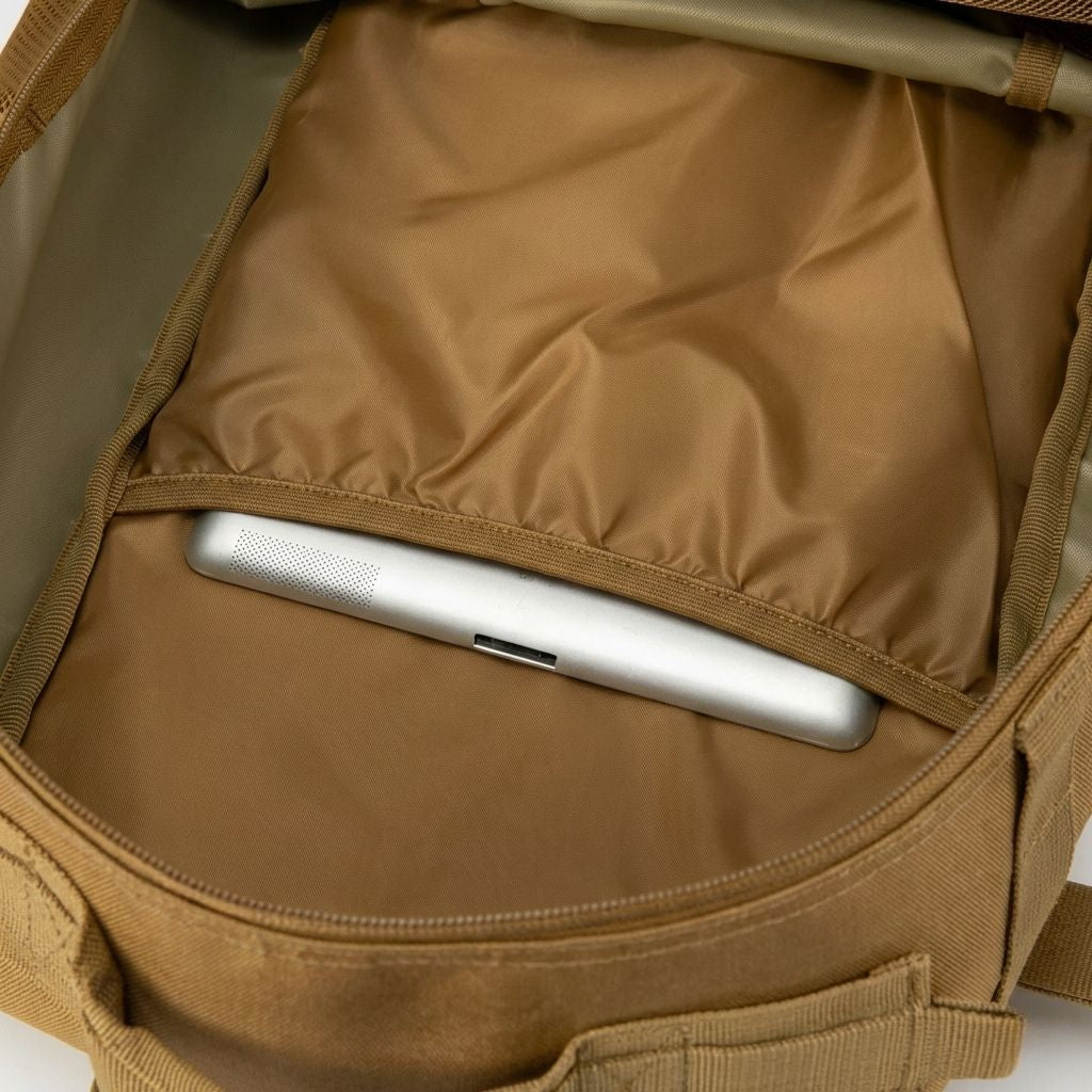 Gros plan sur le compartiment PC intérieur d'un sac tactique beige avec tablette glissée dans la poche rembourrée Image