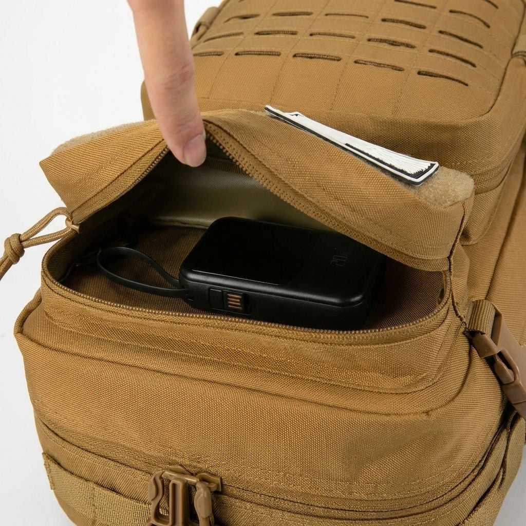 Compartiment supérieur du sac à dos tactique marron coyote ouvert révélant une batterie externe à l'intérieur