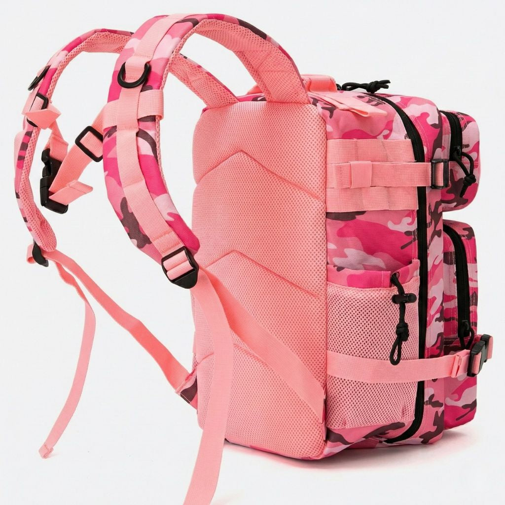Dos du sac à dos tactique camouflage rose 25L avec dosseret en mesh, poignée de transport et bretelles roses