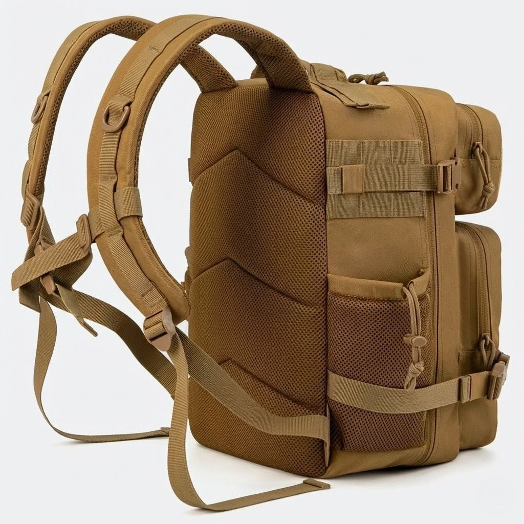 Dos du sac à dos tactique marron coyote 25L avec dosseret matelassé en mesh, poignée de transport et sangles