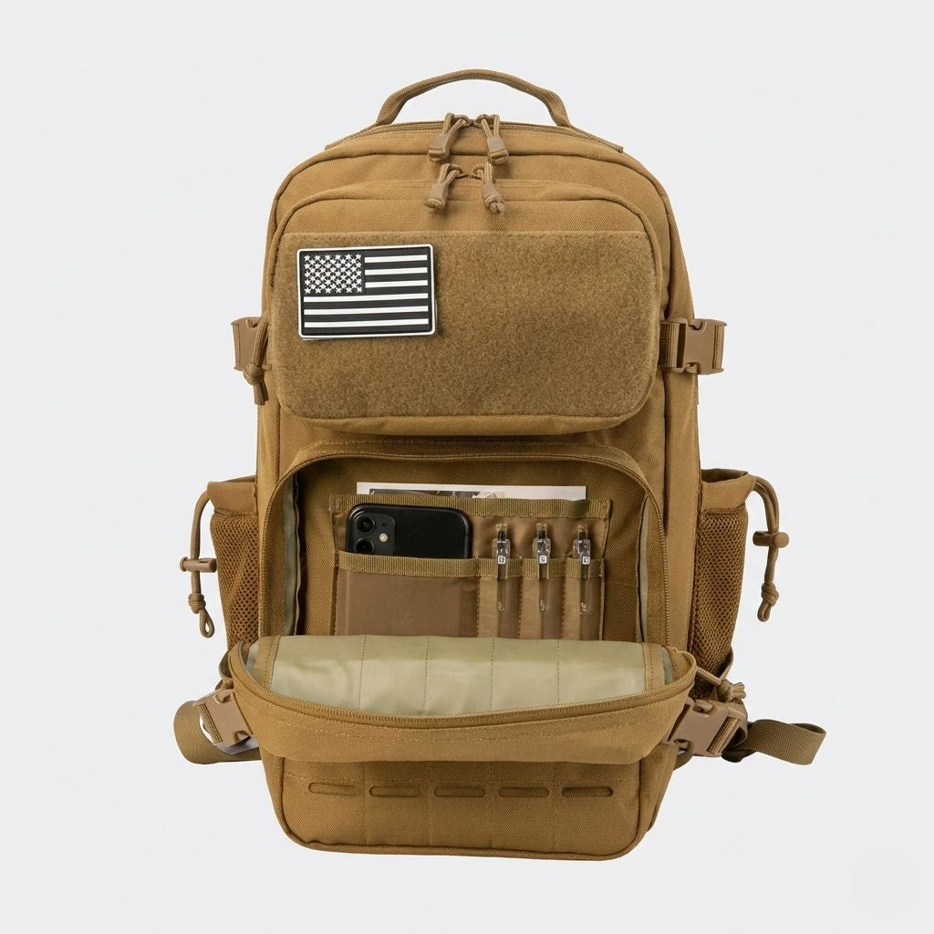 Sac à dos tactique beige ouvert de face montrant poche organisateur avec carnet, smartphone et stylos rangés Image