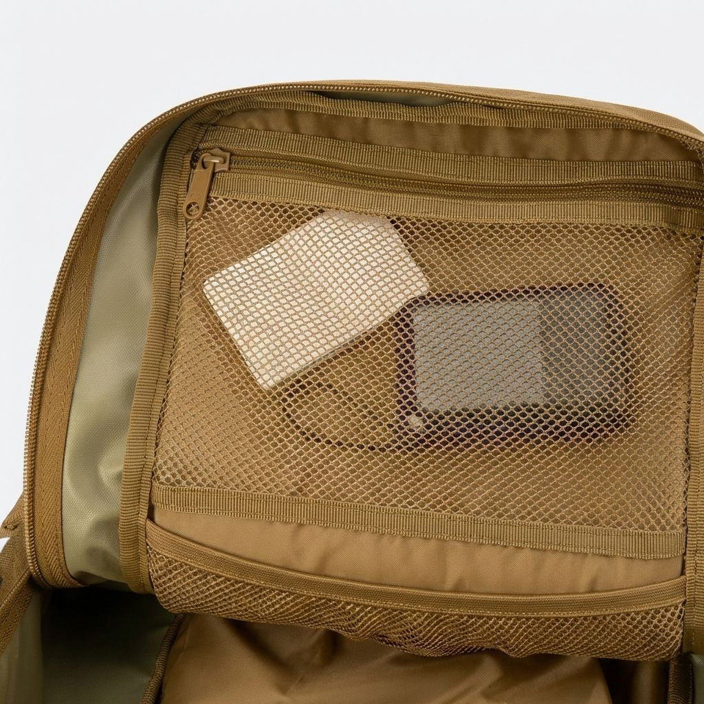 Intérieur du compartiment supérieur du sac à dos tactique marron coyote avec poches mesh et organiseur