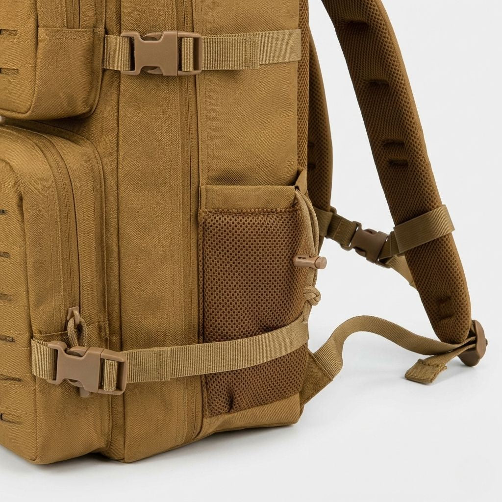 Détail latéral du sac à dos tactique marron coyote avec poche filet, bretelle matelassée et clips d'ajustage