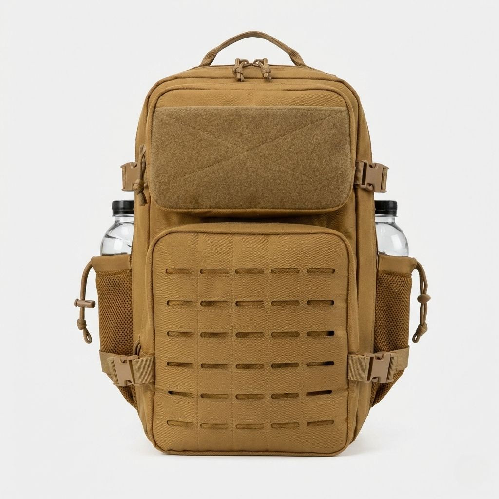 Vue de face du sac à dos tactique marron coyote 25L avec panneau velcro supérieur et grille MOLLE laser-cut