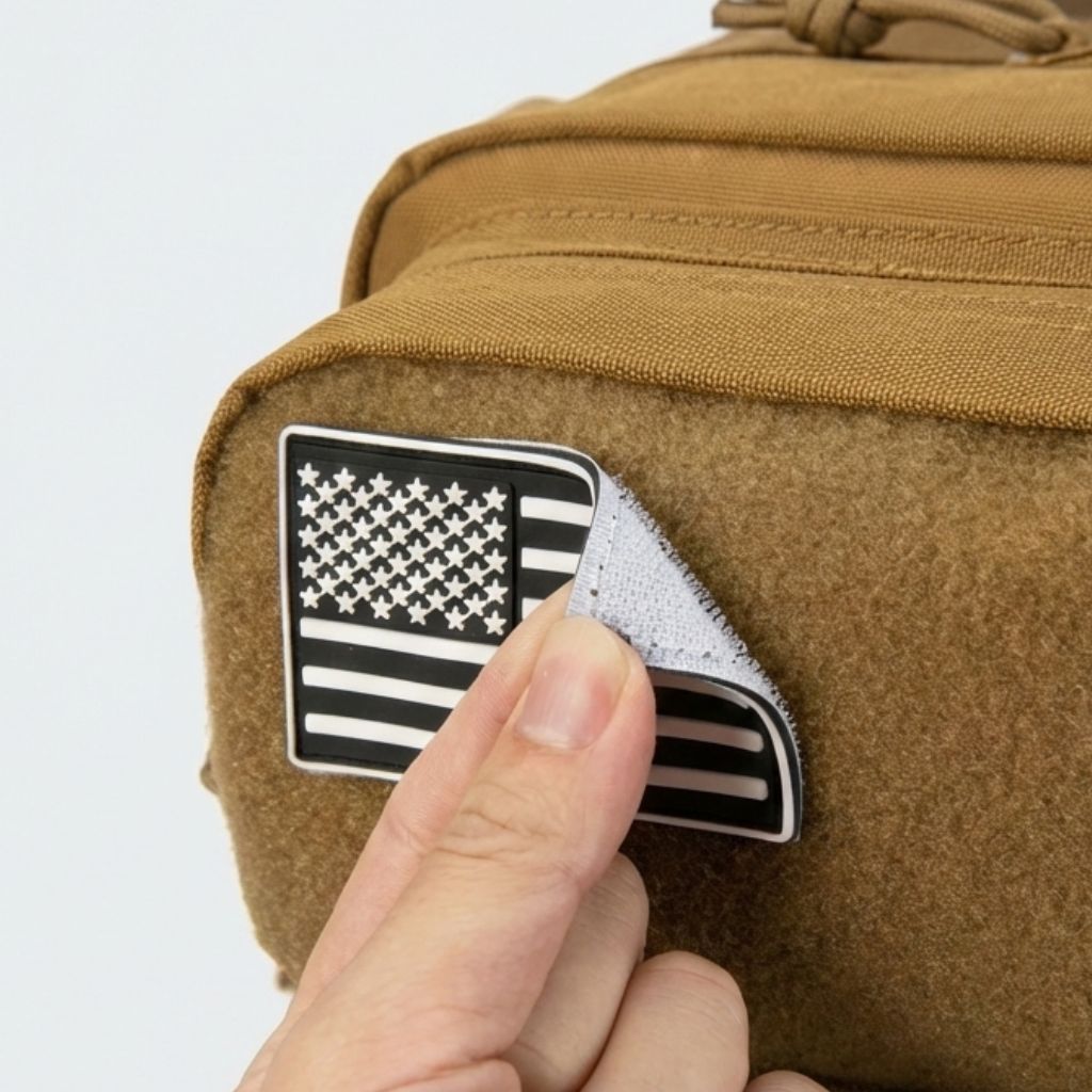 Gros plan sur le patch velcro drapeau décollé du sac à dos tactique marron coyote, fixation amovible