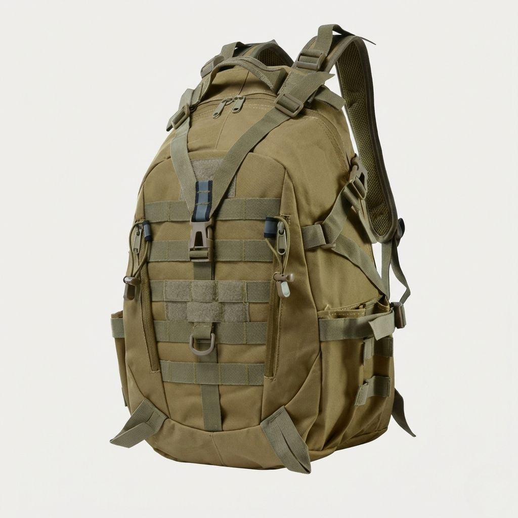 Sac à dos tactique coyote tan vue 3/4 : système MOLLE intégral, bretelles maillées et poche velcro