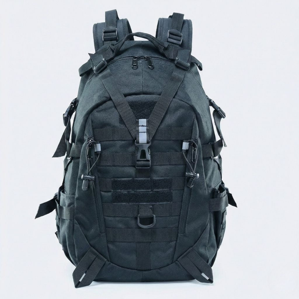Face avant du sac à dos tactique noir : système MOLLE noir intégral, clip central, poche velcro et tirettes noires