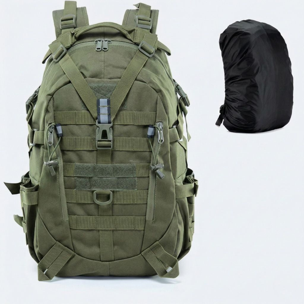 Sac à dos tactique vert militaire avec housse pluie noire incluse, pack complet pour toutes conditions