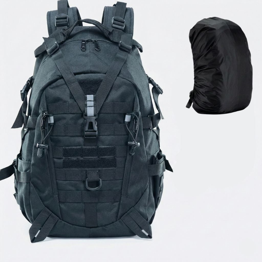Sac à dos tactique noir avec housse pluie noire incluse, système MOLLE entièrement noir et clips assortis
