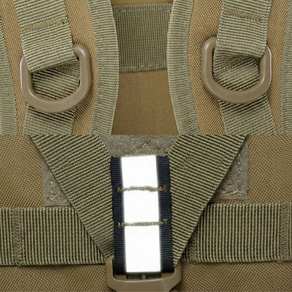 Détail des anneaux D-ring et de la sangle de poitrine réfléchissante sur un sac à dos tactique couleur kaki Image