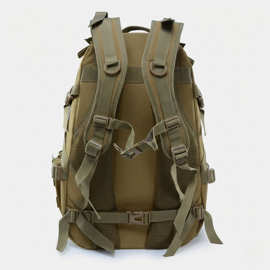 Dos du sac tactique coyote tan : bretelles maillées rembourrées, ceinture ventrale à clip et dos ventilé