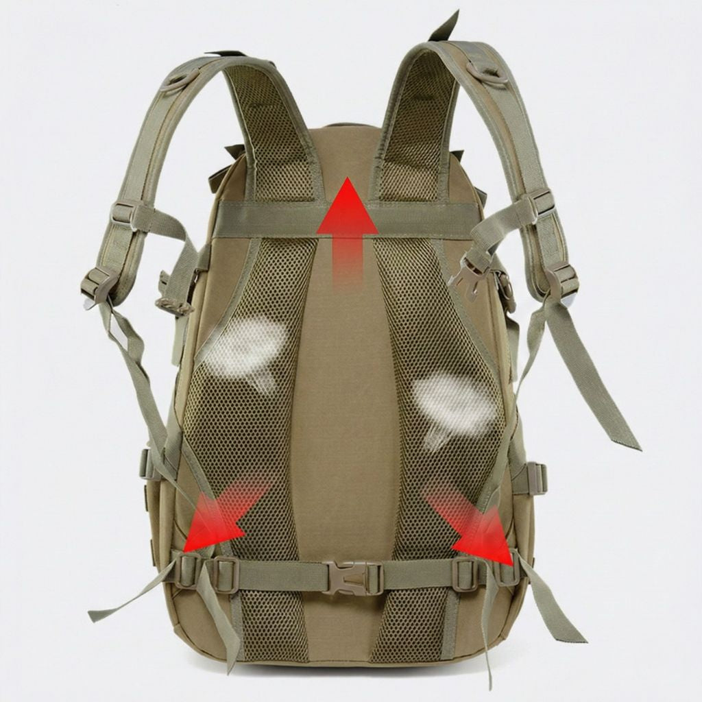 Vue du dos du sac à dos tactique kaki avec dosseret en maille, bretelles rembourrées et ceinture ventrale réglable Image