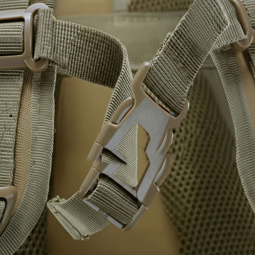 Gros plan de la boucle de sternum à clip plastique robuste sur les sangles vert militaire, panneau maillé