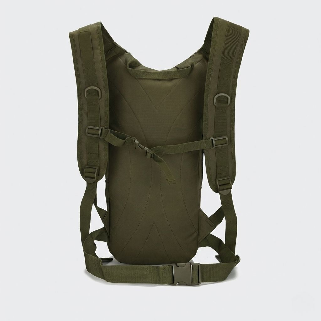 Dos du sac à dos compact vert olive avec dosseret rembourré matelassé et ceinture ventrale à boucle noire