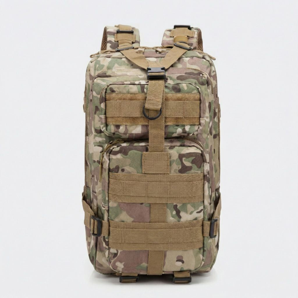 Sac à dos militaire camouflage CP 20L vu de face avec système d'attaches MOLLE et poches frontales