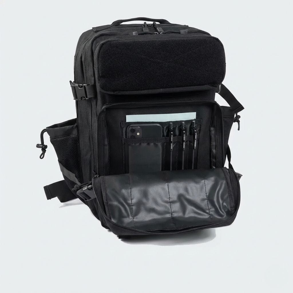 Poche frontale centrale du sac tactique ouverte, organiseur avec smartphone, quatre stylos noirs et carnet de notes