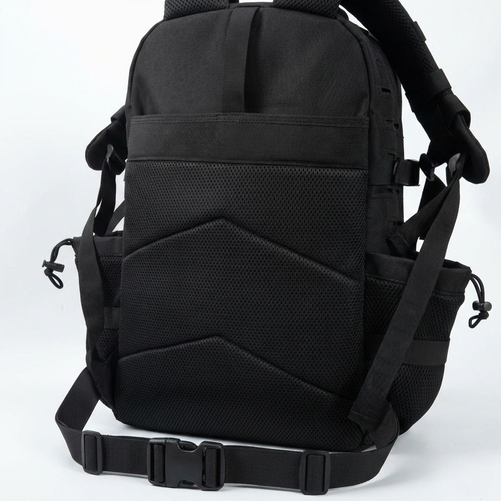 Panneau dorsal ergonomique aéré du sac tactique noir, maillage 3D, sangle lombaire et sangle poitrine à boucle
