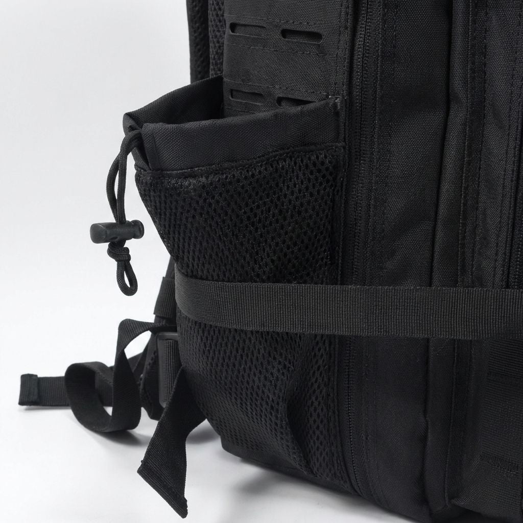 Gros plan du porte-gourde filet latéral du sac tactique noir, cordon de serrage et sangle de compression noire