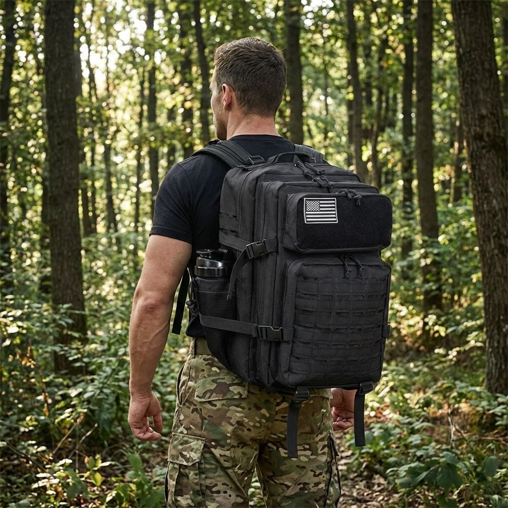 Homme en tenue militaire camouflage portant un sac à dos tactique noir dans une forêt, écusson USA en façade Image
