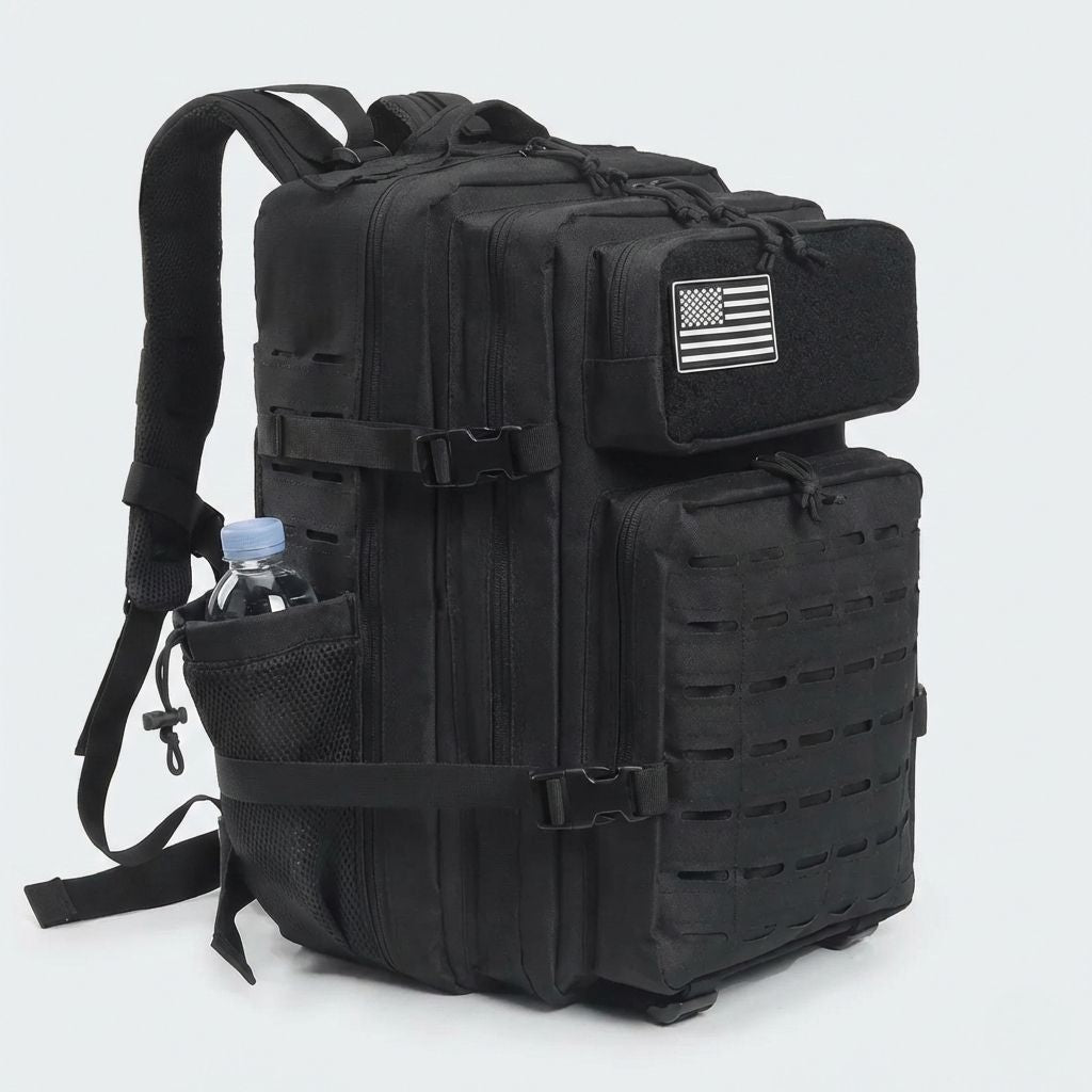 Sac tactique noir vue 3/4 droite, porte-gourde filet avec bouteille, grande grille MOLLE laser-cut et patch drapeau