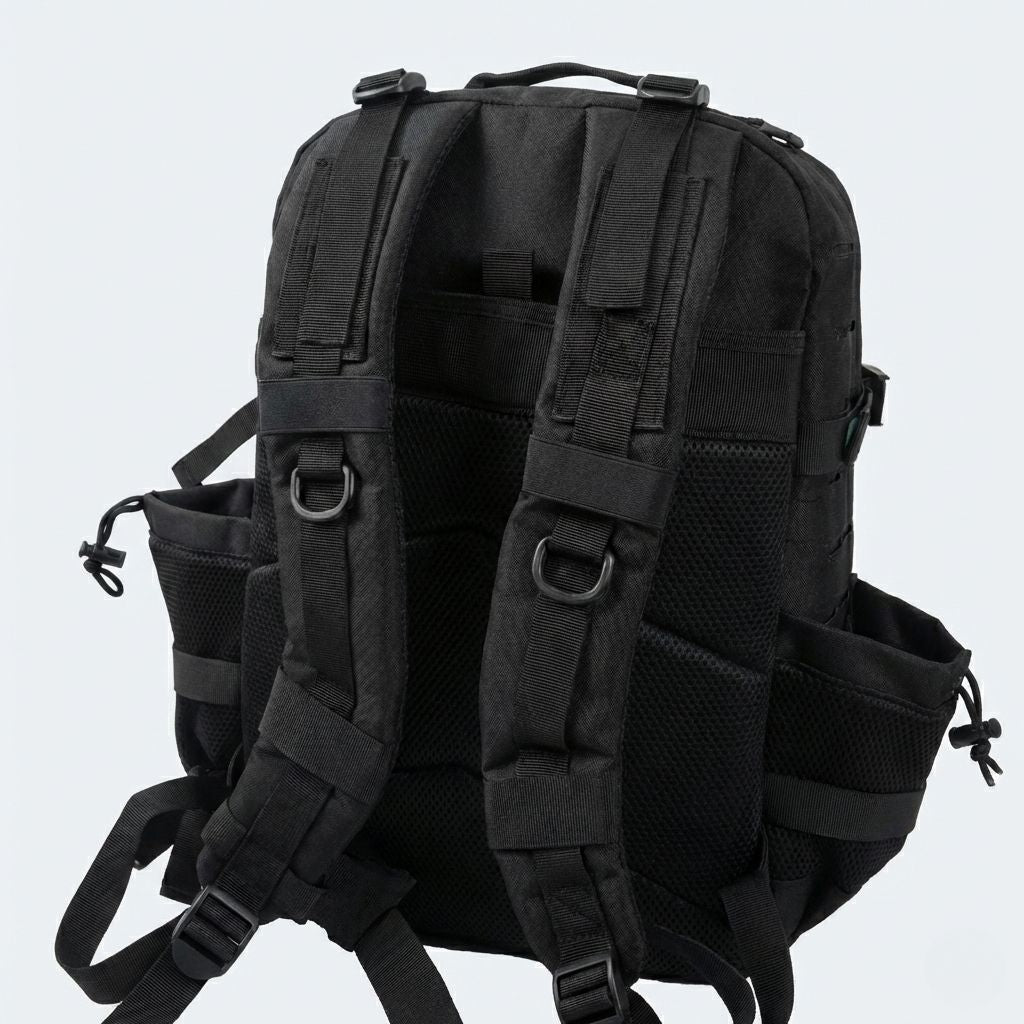 Arrière du sac tactique noir, bretelles MOLLE avec anneaux D, porte-gourde filet droit avec bouteille verte