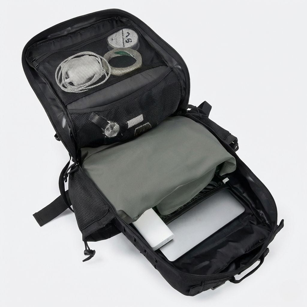 Compartiment principal d'un sac à dos tactique noir ouvert révélant ordinateur portable, vêtements et câbles Image