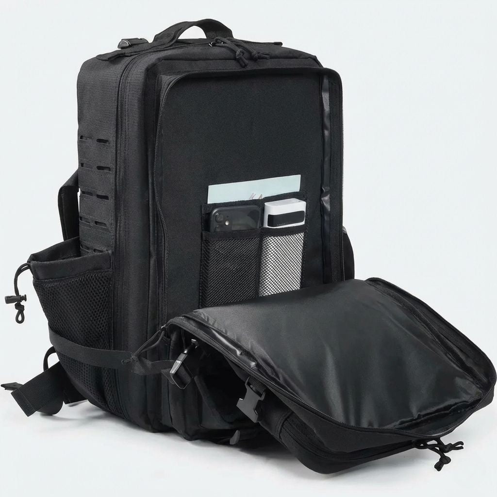Poche frontale du sac tactique noir ouverte, organiseur intérieur avec filets, smartphone, stylos et carnet