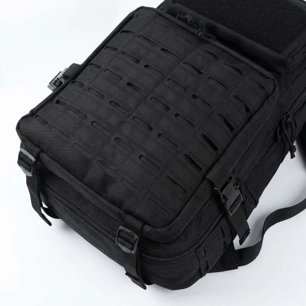 Vue de trois quarts d'un sac à dos tactique noir avec panneau MOLLE laser-cut et sangles de compression latérales Image