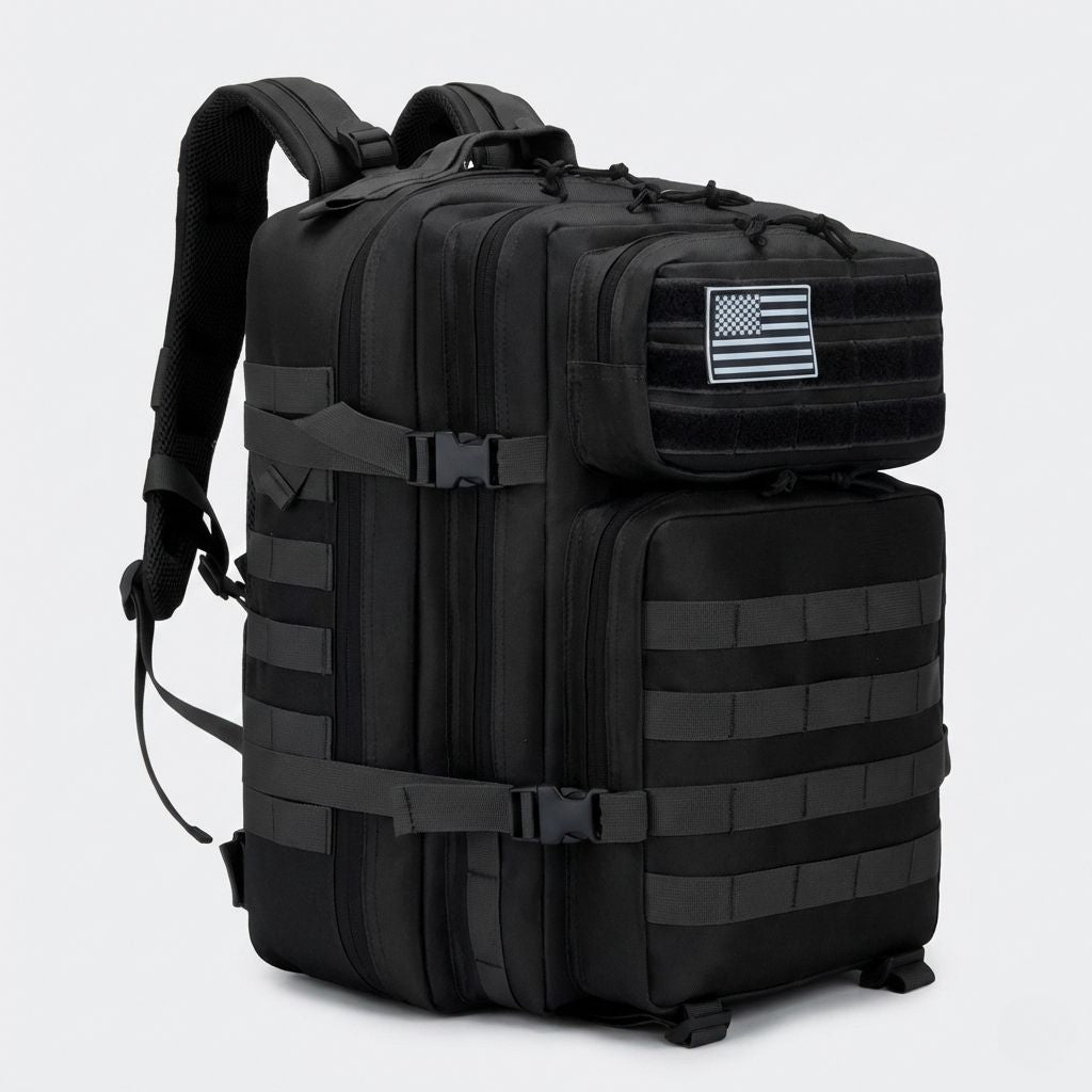 Sac à dos militaire 45L noir vue 3/4 : système MOLLE intégral, patch drapeau PVC velcro et poche dessus