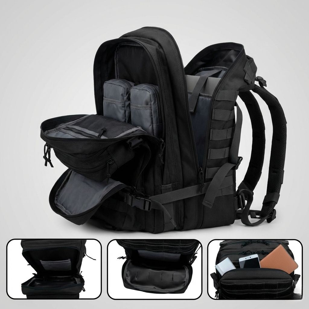 Sac à dos militaire noir ouvert à 180° révélant compartiments organisateurs et pochettes MOLLE en détails Image