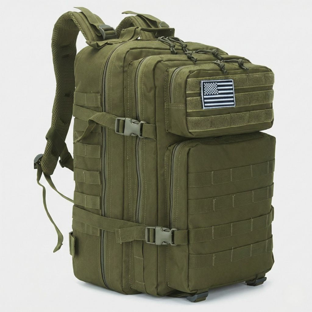 Sac à dos militaire 45L vert olive vue 3/4 : système MOLLE intégral, patch drapeau velcro et zips multiples