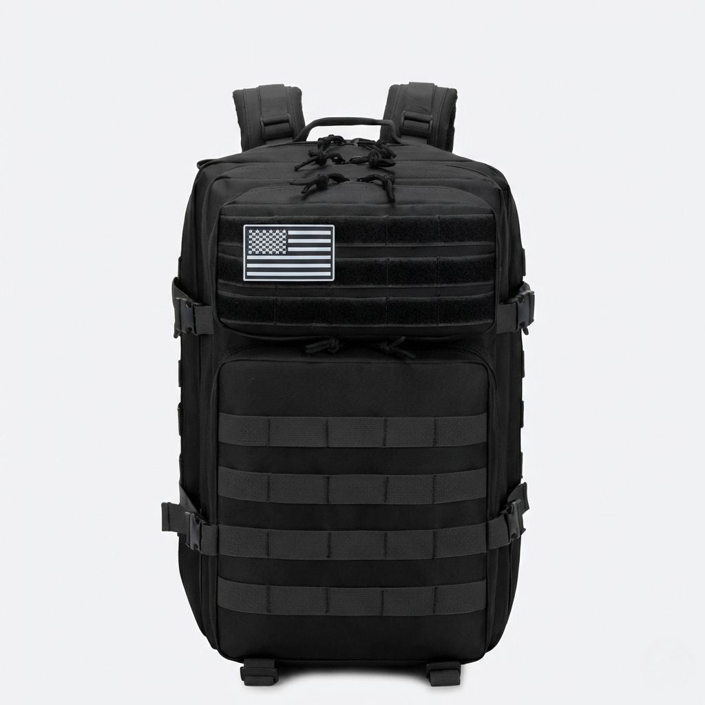Sac à dos militaire 45L noir face avant : système MOLLE complet, patch drapeau PVC et clips de compression